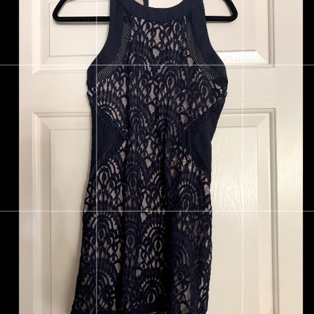 Navy blue, slim fitting sleeveless dress